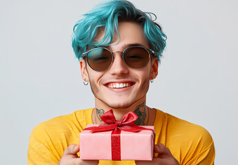 Obraz premium Blue-haired man with sunglasses presenting a pink gift.