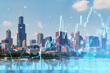 Financial chart overlaying Chicago skyline with blue tones.
