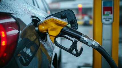 Fototapeta premium Side view of a car being refueled with unleaded petrol, gas pump in hand, station signage in the background.