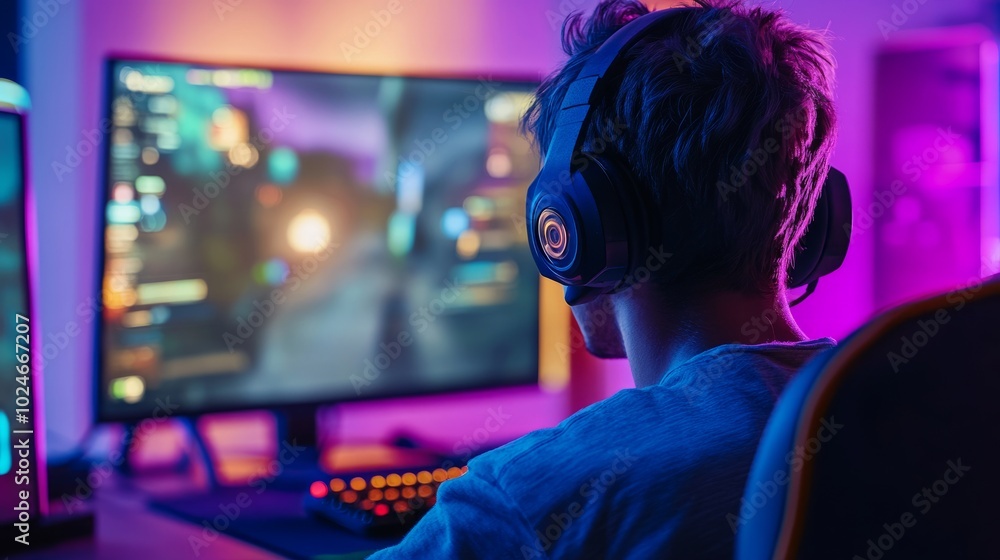 Poster streamer playing an online multiplayer game, headset on, colorful gaming setup and chat window fille