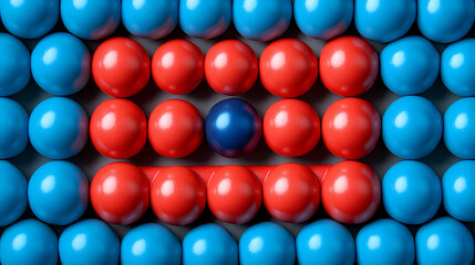 Close-up of one blue ball among red balls