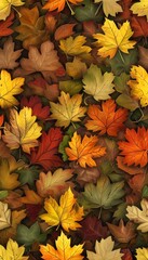 Eine dichte Anordnung von bunten Herbstbl&auml;ttern in Rot, Orange, Gelb und Braun bedeckt die gesamte Fl&auml;che. Herbst Hintergrun. Generative KI