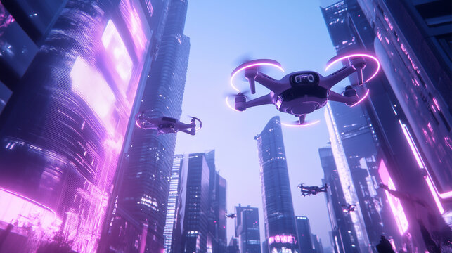 A man is playing a video game with a controller, controlling a drone in a city. The drone is flying over a cityscape with neon lights and buildings. Scene is futuristic and exciting