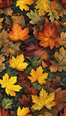 Fototapeta premium Eine dichte Anordnung von bunten Herbstblättern in Rot, Orange, Gelb und Braun bedeckt die gesamte Fläche. Herbst Hintergrun. Generative KI