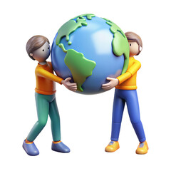 international teamwork two PEOPLE  holding a  big Globe  together  3d cartoon style illustration