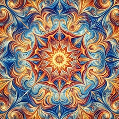 Vibrant abstract swirl design featuring intricate patterns in blue, orange, and gold tones