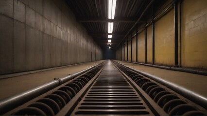 Obraz premium Dark Underground Railway Tunnel with Reflective Walls: A narrow underground train tunnel, featuring reflective concrete walls and dark metal tracks, with overhead lighting casting shadows and adding t
