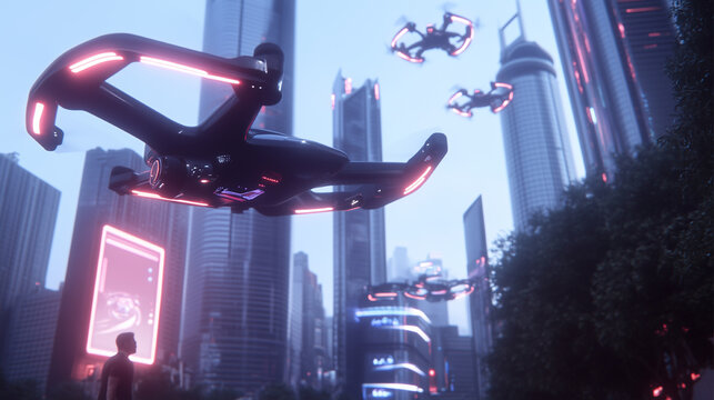A man is playing a video game with a controller, controlling a drone in a city. The drone is flying over a cityscape with neon lights and buildings. Scene is futuristic and exciting