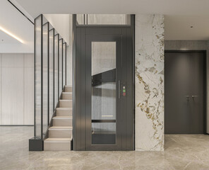 Interior area with elevators and stairs 3D render. © uthai