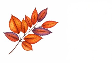 Naklejka premium Ein Zweig mit mehreren rot, orange und violett gefärbten Blättern befindet sich links auf einem weißen Hintergrund, Platz für Text, Generative KI