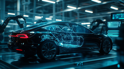 Obraz premium High-tech robotic arms assembling the sleek body of an electric car, with holographic displays projecting 3D models and real-time metrics in a futuristic automotive production faci