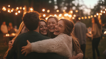 A group of people are smiling and posing for a photo. They are wearing sunglasses and hats, and one of them is wearing a black jacket. Scene is happy and fun