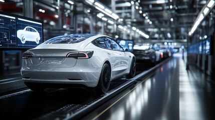 A futuristic automotive production line with robotic arms working seamlessly to assemble electric cars, guided by holographic displays showing real-time diagnostics and engineering