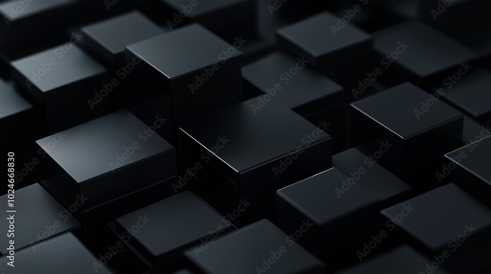 Poster abstract arrangement of glossy black cubes on a dark surface, creating a modern and minimalist aesth