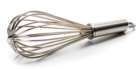 Stainless steel wire whisk isolated on white background for mixing and baking in the kitchen