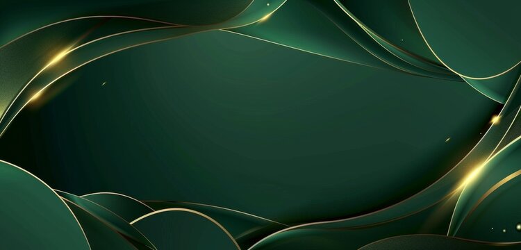 Green background with golden lines, a minimalistic design featuring simple shapes, a dark green gradient, vector graphics, a clean and modern style with elegant curves, lines, light reflections
