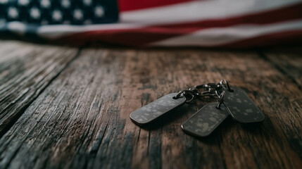 A close-up of military dog tags resting on a rustic wooden table, with an American flag softly draped in the background, symbolizing the sacrifices made by veterans.