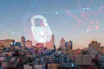 Digital security concept over California skyline at sunset.