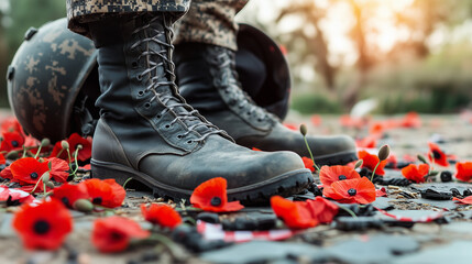 A colorful display of poppies and flags surrounding a veteranâs military boots and helmet, honoring the memory of fallen soldiers on Veterans Day.