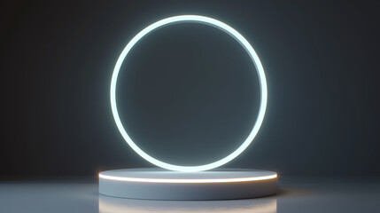 Circular podium stand, highlighted by a neon glow in a clean, dark environment, ideal for showcasing luxury products in a sleek, modern style