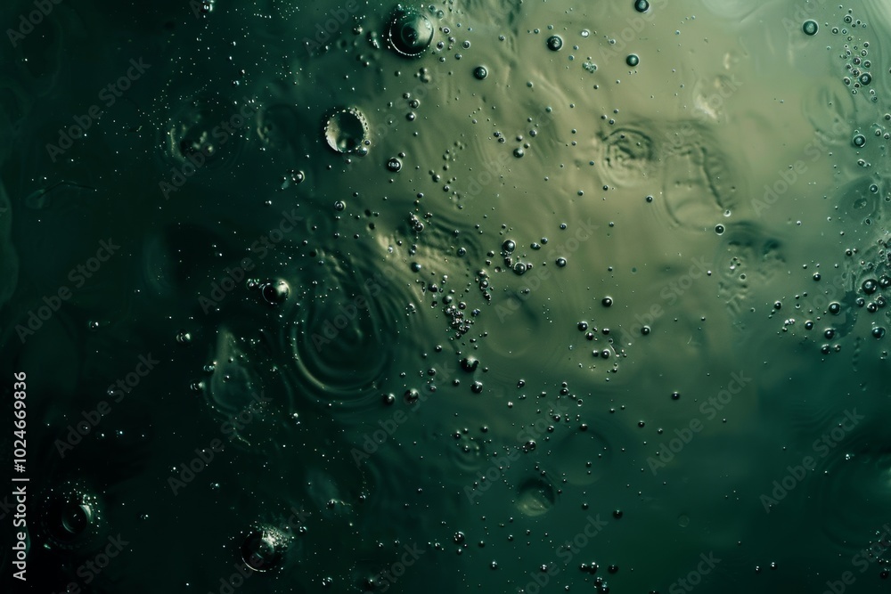 Poster abstract background with bubbles in a green color on dark water, the bubbles floating up suitable fo