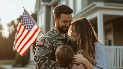 A veteran serviceman in uniform embracing his family on the front porch of their home, with an American flag waving proudly nearby, capturing the warmth of homecoming.