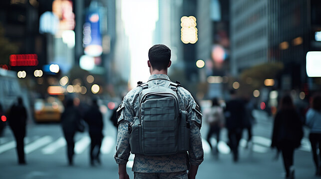 A veteran serviceman walking through a bustling city street, in civilian clothes but with a proud posture, surrounded by everyday life, symbolizing his transition back into society