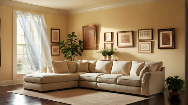 modern living room interior with comfortable sofa, 4k smooth looping video
