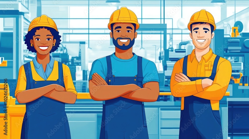 Poster smiling factory workers showcasing teamwork and unity in action