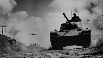 Dramatic black and white image of a tank in action during a historical wartime scene with aircraft in the sky.