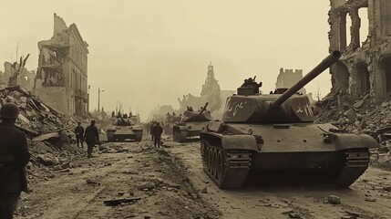 Vintage image of tanks and soldiers in a war-torn city street, surrounded by destroyed buildings.