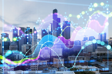 City skyline with financial graphs overlaying buildings.