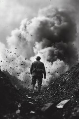 Obraz premium Soldier walking through a smoky battlefield trench during a dramatic scene of war, capturing bravery and peril.