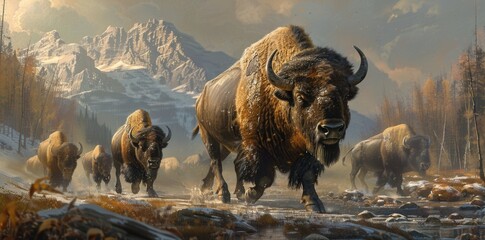 Majestic Bison Herd in Transport. Wildlife and Nature Concept