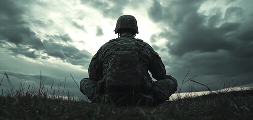 Silhouette of a soldier in uniform sitting on a field under a dramatic sky, contemplating and reflecting on a cloudy day.