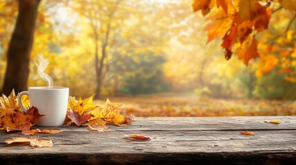 Steaming Cup of Coffee on Rustic Wooden Table with Vibrant Autumn Leaves, Fall Scenic Background