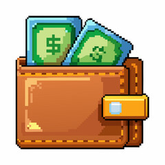 Pixel Art Wallet with Dollar Bills Retro Vector Finance Icon