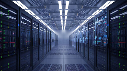 a high-tech data warehouse, featuring rows of modern servers with blinking lights in a vast, secure facility. Big data, data center, Server room