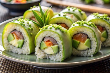 Green dragon sushi rolls with avocado and cucumber fresh health food option
