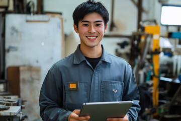 A young Japanese tradesman, wearing a uniform, holds a tablet and smiles at the camera while standing in a busy workshop. His friendly demeanor and focus reflect his commitment to excellence in the