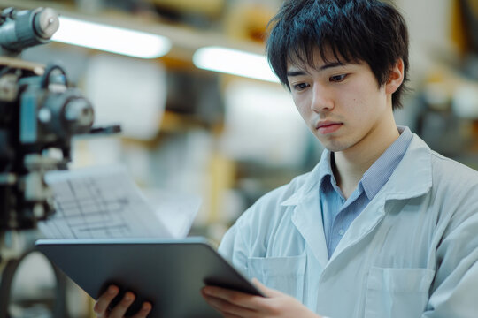 A young Japanese technician in a clean work uniform holds a tablet, studying project blueprints. His concentrated expression and the organized workshop around him highlight his dedication to precision