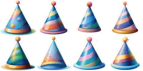 Cartoon illustration set of party hat with Grainy Textures. isolate on a white background. PNG
