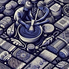 Nigeria: Adire: A fabric dyeing technique that involves using indigo and other natural dyes to create patterns. illustration.	