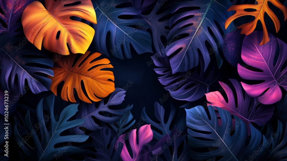 Poster a colorful background of leaves with a black background