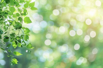 Obraz premium Green background, flat leaf with blurred nature background banner, copy space for text, and natural, sun rays and green leaves. Woodland abstract atmospheric scene