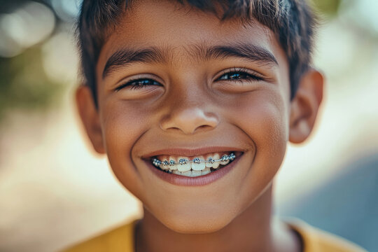 A vibrant close-up of a young Hispanic boy's smile reveals his orthodontic braces. His playful grin and sparkling eyes convey his excitement and pride in achieving a straighter smile, making him feel