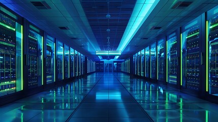 A sleek modern server room with illuminated server racks featuring cool blue and green lights reflecting off the polished floor creating a futuristic tech ambiance in the data center