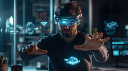 A man is wearing a virtual reality headset and pointing at a screen. Concept of excitement and wonder as the man explores the virtual world