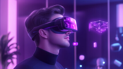 A man is wearing a virtual reality headset and pointing at a screen. Concept of excitement and wonder as the man explores the virtual world