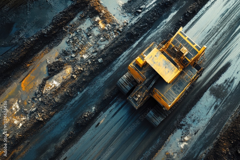 Poster aerial view of a yellow mining truck. the photo depicts the scale of mining operations and the equip